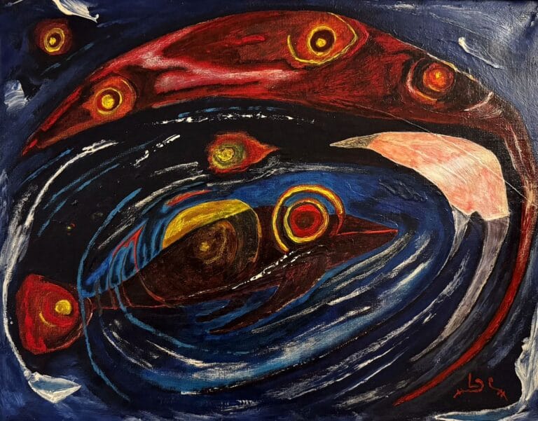 Surrealist composition with bird shapes in blue and red, commissioned painting by Luis Ludovic Garcia Camarero