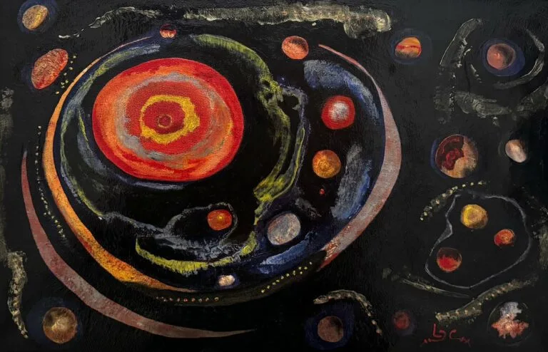 Cosmic composition with a red sun and planets on a black ground, commissioned painting by Luis Ludovic Garcia Camarero