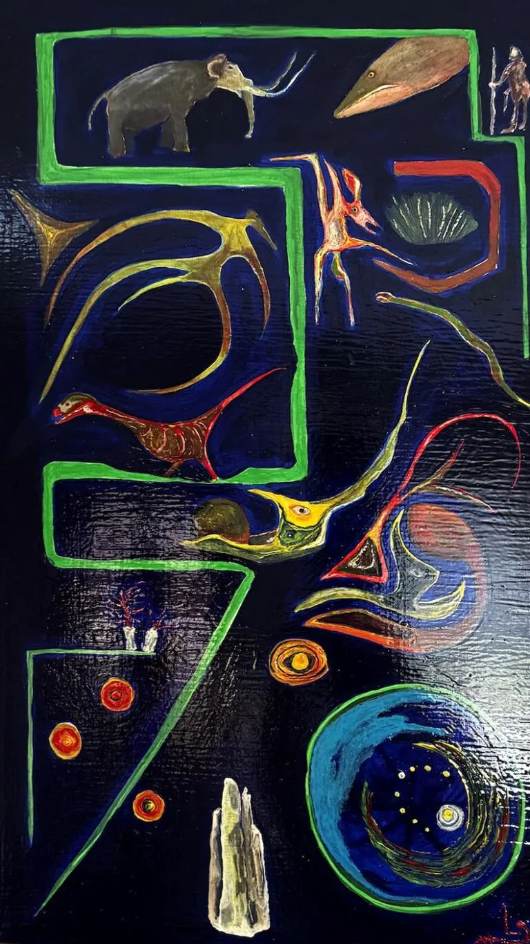 Surrealist composition with a mammoth, a whale and a galaxy on deep blue, commissioned painting by Luis Ludovic Garcia Camarero