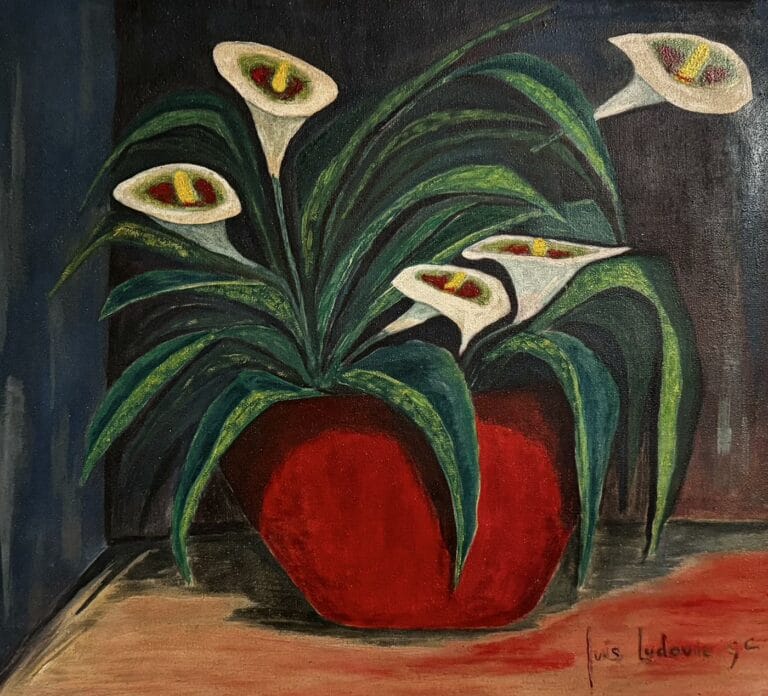 Still life with white calla lilies in a red pot, a commissioned painting by Luis Ludovic Garcia Camarero