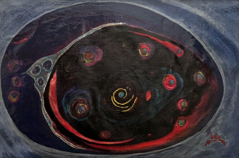 Surrealist composition with a dark nebula and coloured spirals, commissioned painting by Luis Ludovic Garcia Camarero
