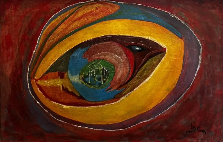 Surrealist composition shaped like an eye, in red, yellow and blue, commissioned painting by Luis Ludovic Garcia Camarero