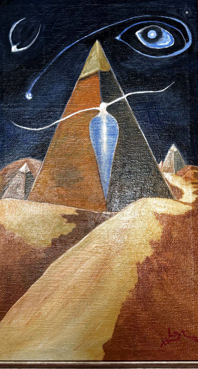 Pyramids in the desert under a night sky with a blue eye, commissioned painting by Luis Ludovic Garcia Camarero